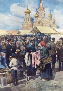 Bartering in Russia after the collapse of the currency following the Russian Revolution, illustration from 